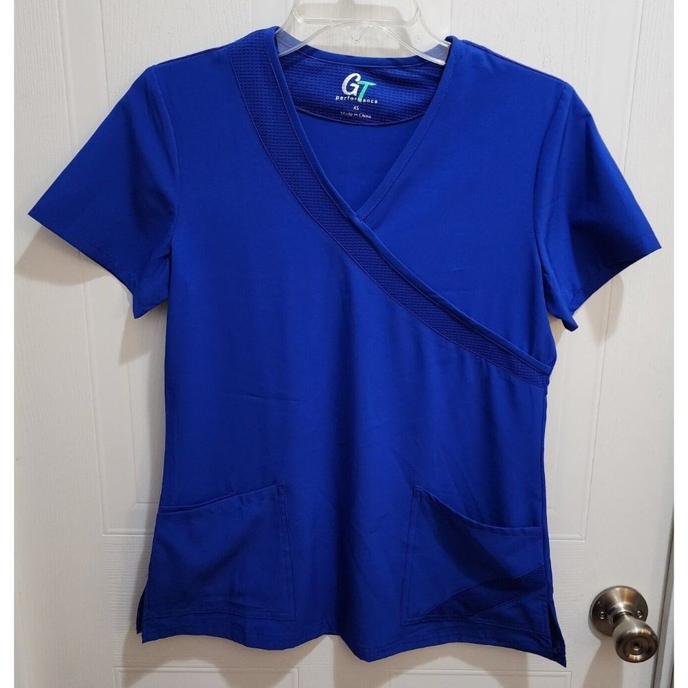 GT Performance Women's Short‎ Sleeve V Neck Scrub Top Solid Blue Size XS